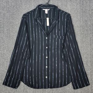 Victorias Secret Pajama Top Womens M Black Striped Long Sleeve Button Up Shirt
